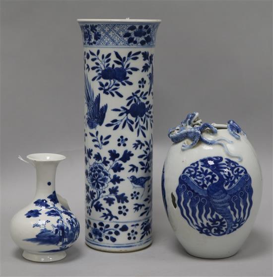 A Chinese blue and white cylindrical vase, with four-character mark and two other items,